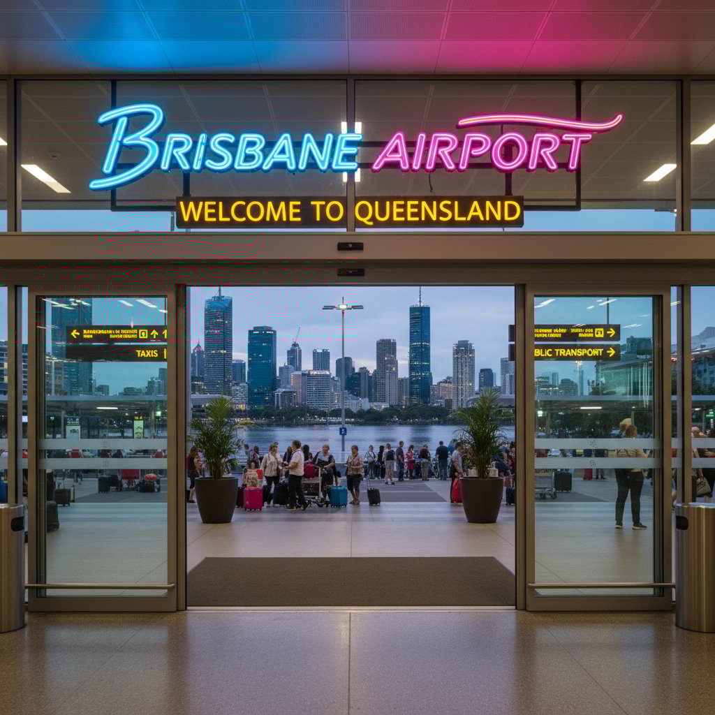 Arriving traveler’s view exiting Brisbane airport toward city lights