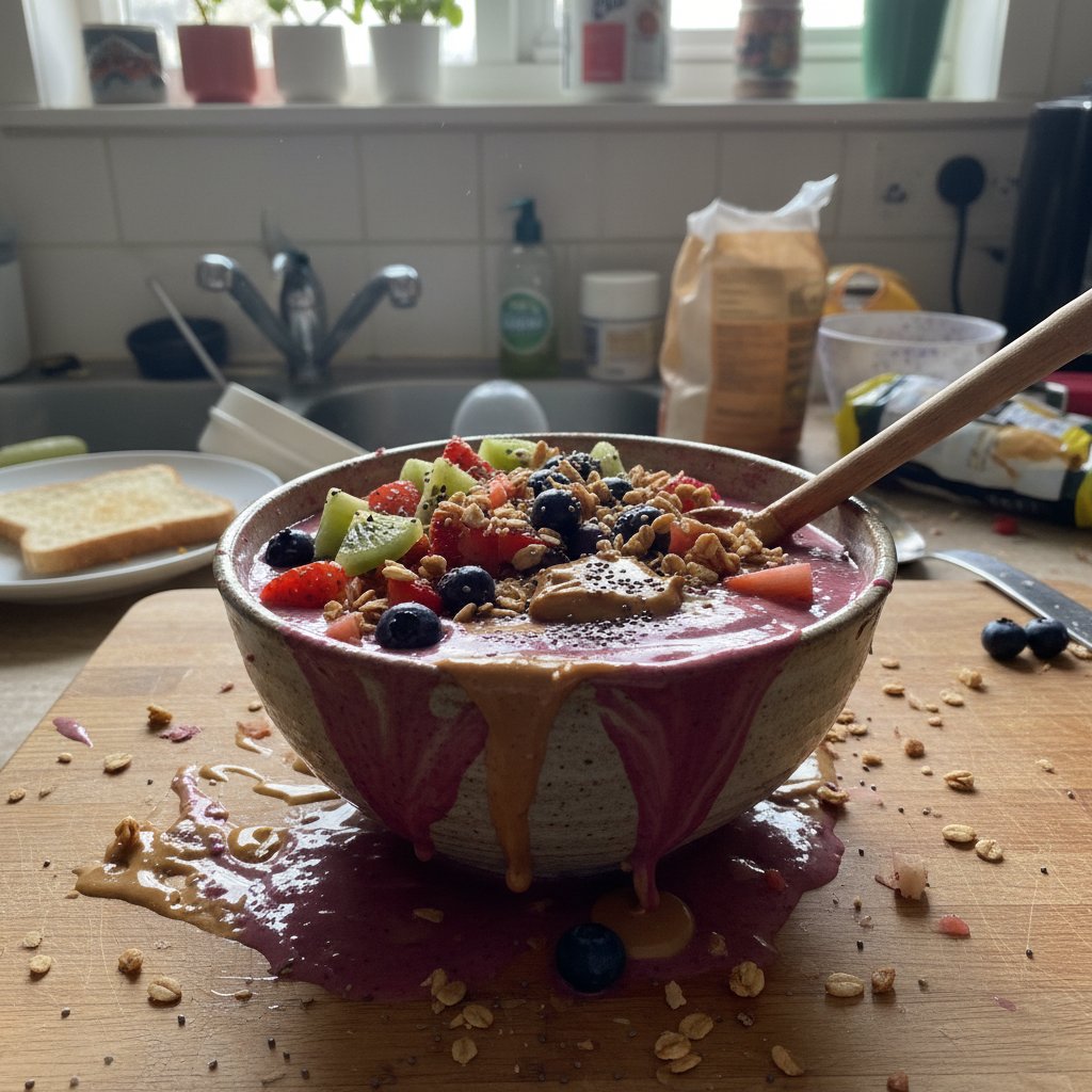 Pierwsza próba smoothie bowl – rozlany mus, przypadkowo ułożone owoce, domowa kuchnia