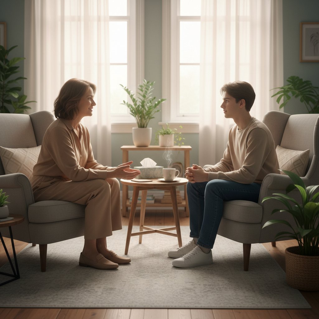 Pierwsze spotkanie terapeutyczne, spokojna atmosfera, rozmowa, wzajemny szacunek