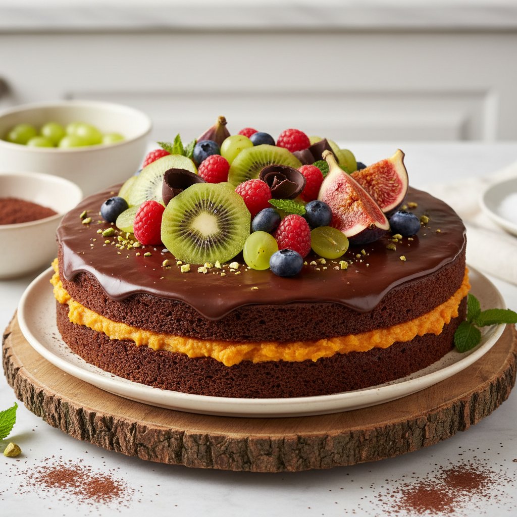 Fit ciasto czekoladowe – kawałek brownie z batatem i dekoracją z owoców