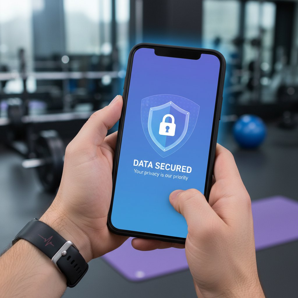 Telefon z aplikacją fitness i ikoną ochrony prywatności, dłonie użytkownika