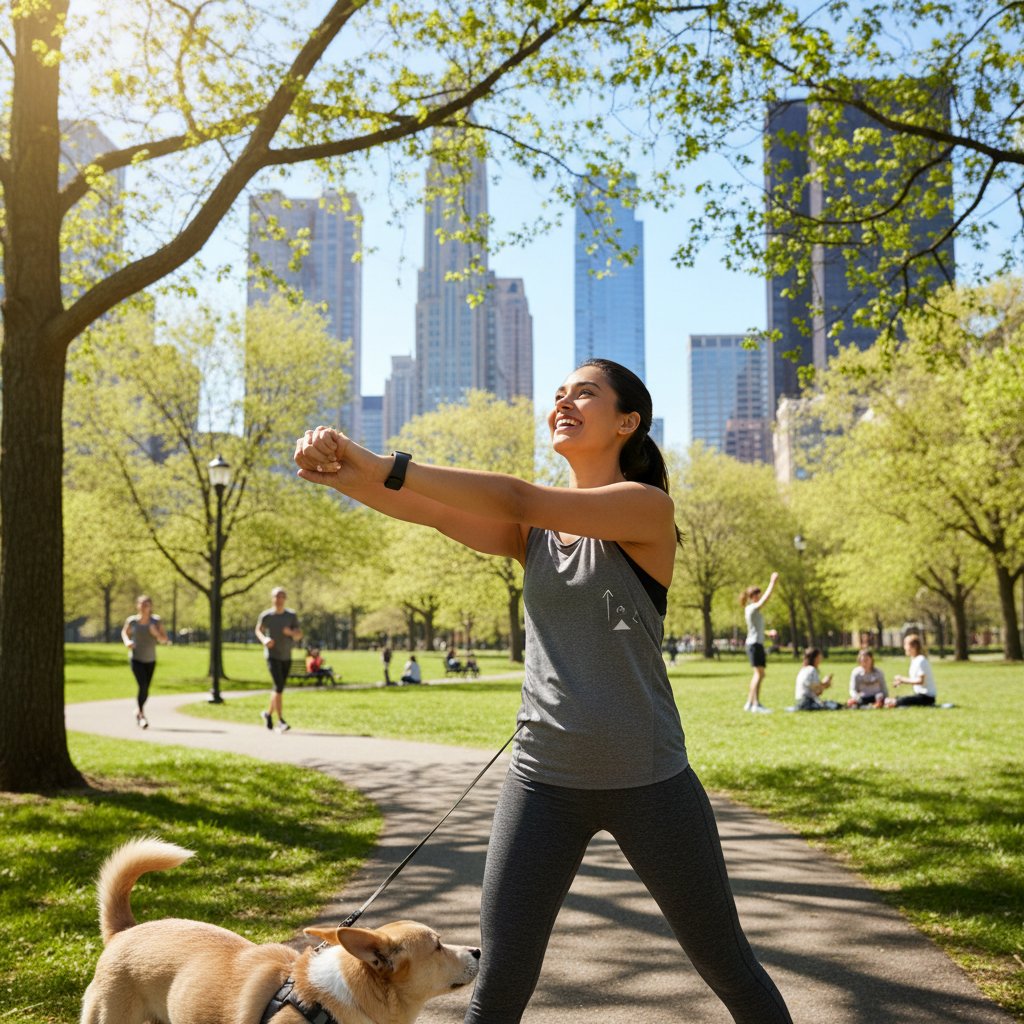 Młoda osoba uśmiechnięta po treningu, sprawdzająca wyniki na opasce fitness, park miejski