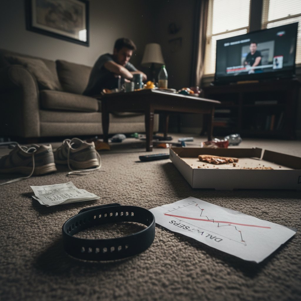 Użytkownik rozczarowany danymi na wyświetlaczu opaski fitness, domowe wnętrze, codzienność