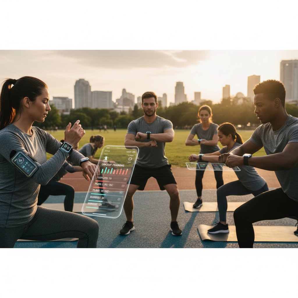 Grupa młodych ludzi korzystających z aplikacji fitness i smartwatchy podczas treningu grupowego