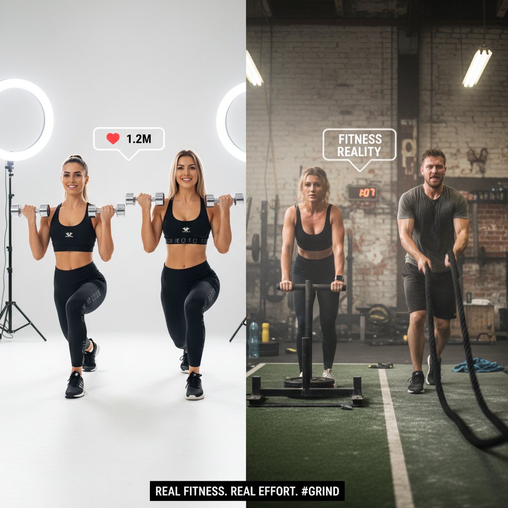 Ekspresyjny obrazek przedstawiający kontrast między rzeczywistością a social mediami w treningu fitness