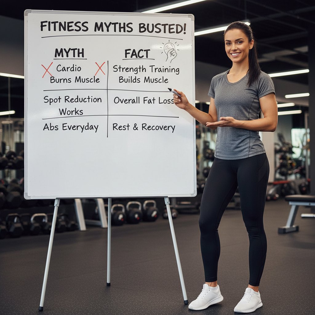 Trener fitness obalający mity o treningu obwodowym, stojący przy tablicy z wypisanymi mitami i faktami