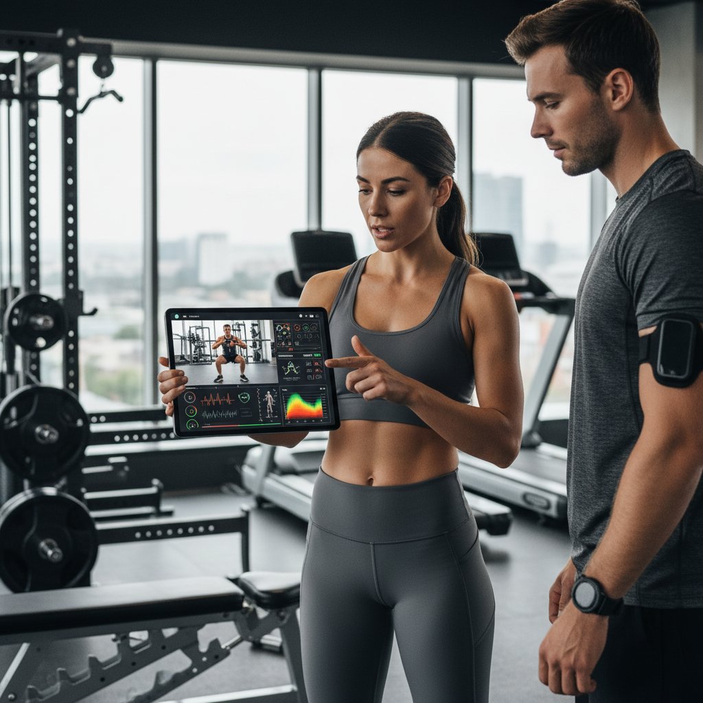 Fitness trenerka online analizuje wideo klienta, nowoczesny tablet, biometryka