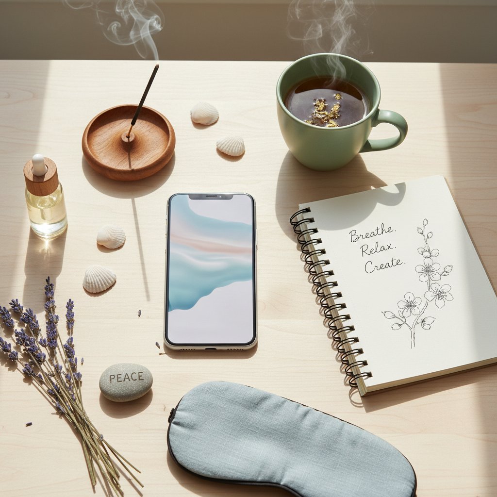 Selbsttest: Digitale Hilfe für emotionale Probleme, Flat Lay mit Mobilgerät, Notizbuch, beruhigenden Objekten, Tageslicht