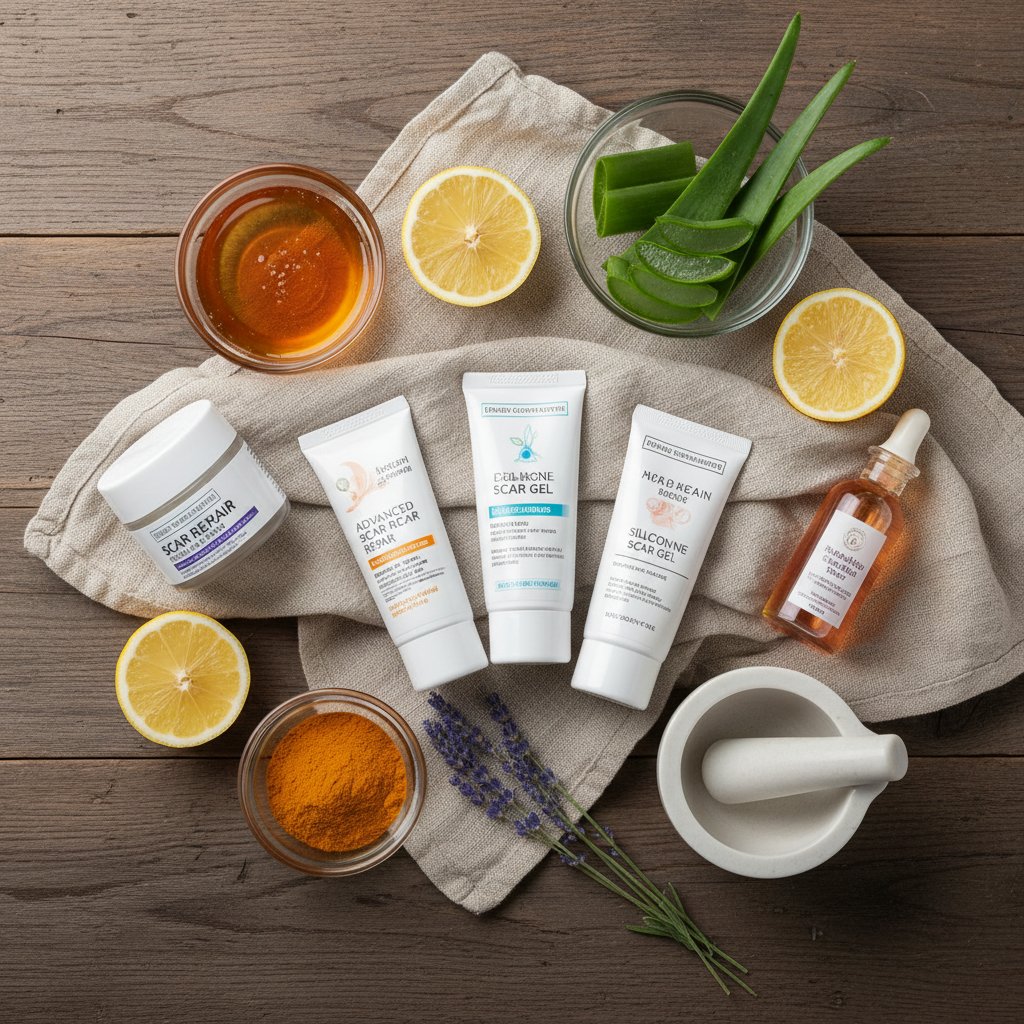 Zestaw kremów i domowych środków na blizny na tle stołu, zdjęcie produktowe