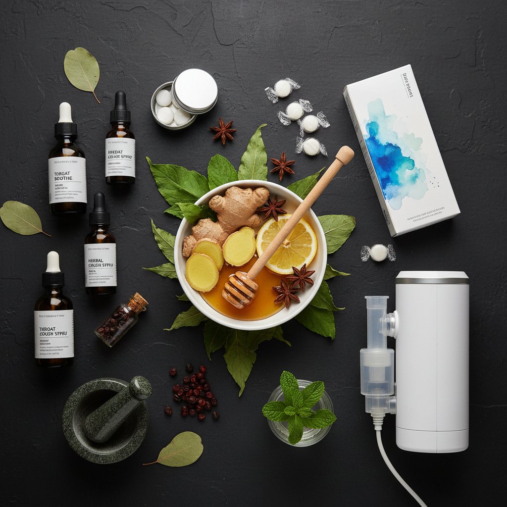 Zestawienie różnych leków na ból gardła na ciemnym tle – artystyczny układ leków i suplementów