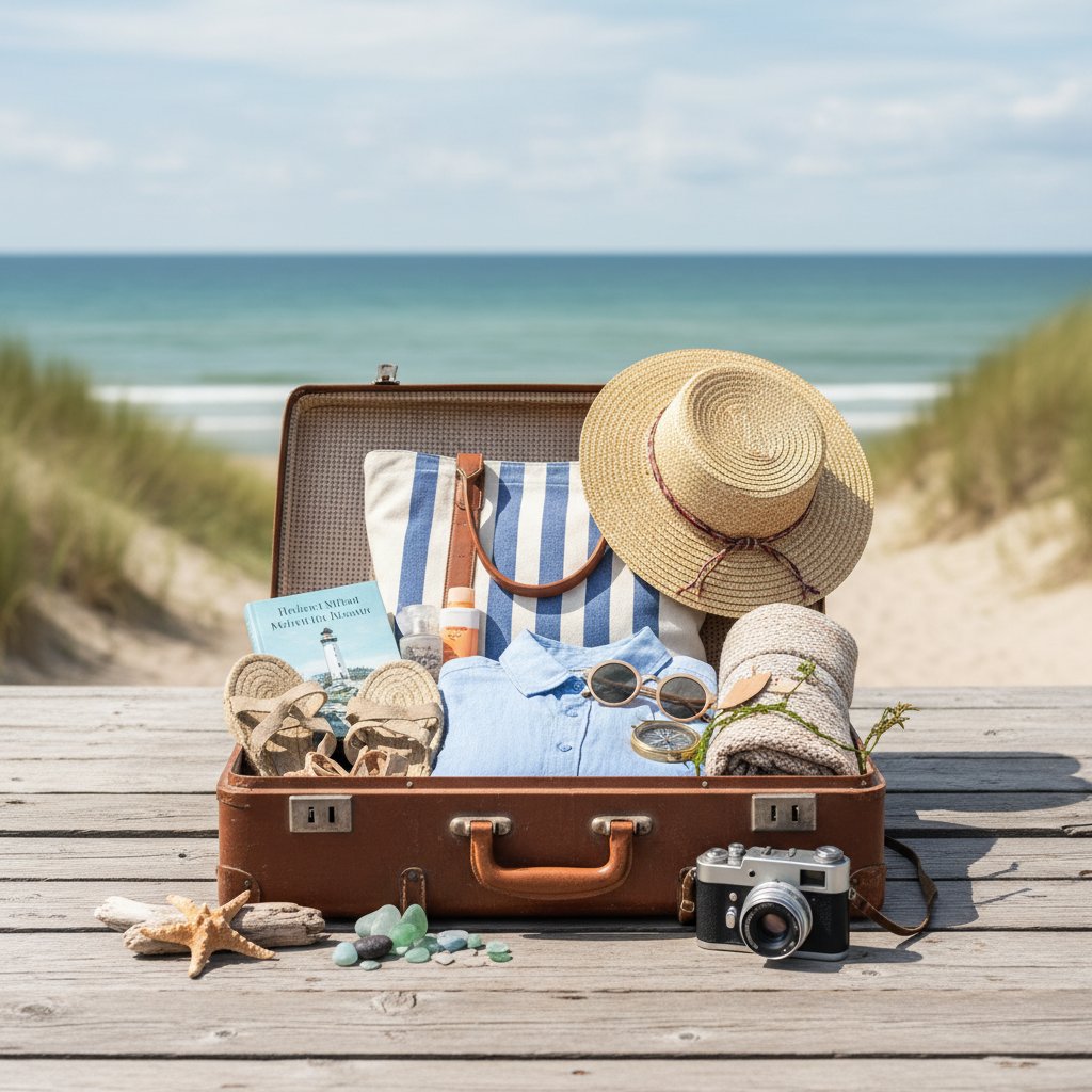 Walizka z niezbędnikami na wyjazd do Sianożęt, hotel sianożęty, pakowanie, nadmorskie niezbędniki