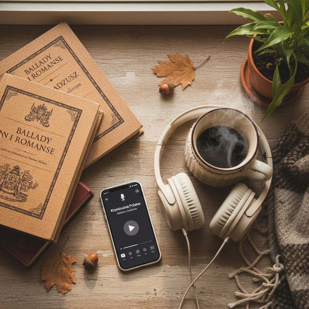 Materiały edukacyjne i podcasty o zdrowiu psychicznym online, polskie książki i smartfon