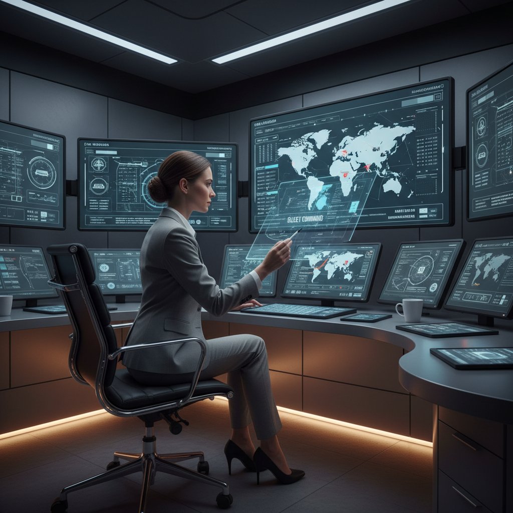 Fleet manager analyzing real-time vehicle data on multiple screens in a high-tech office, intense focus, editorial fleet sales