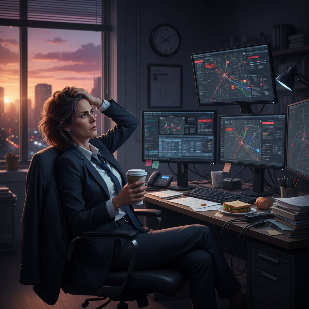 Polski menedżer floty analizuje dane w biurze przy komputerze, widać zmęczenie i presję czasu