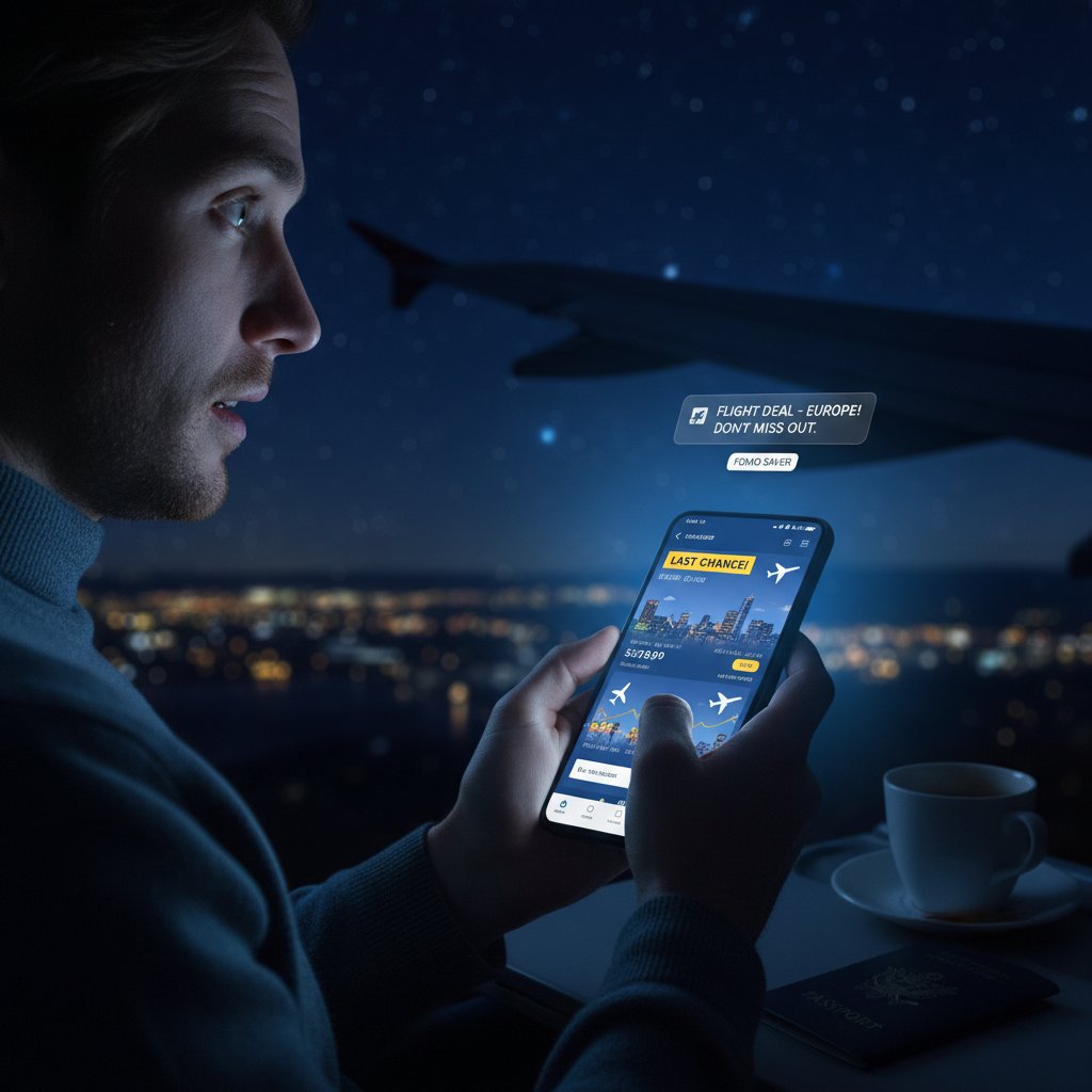 Traveler obsessively checks multiple flight alerts on smartphone in dim light, illustrating addictive cycle and FOMO in airfare deal-chasing