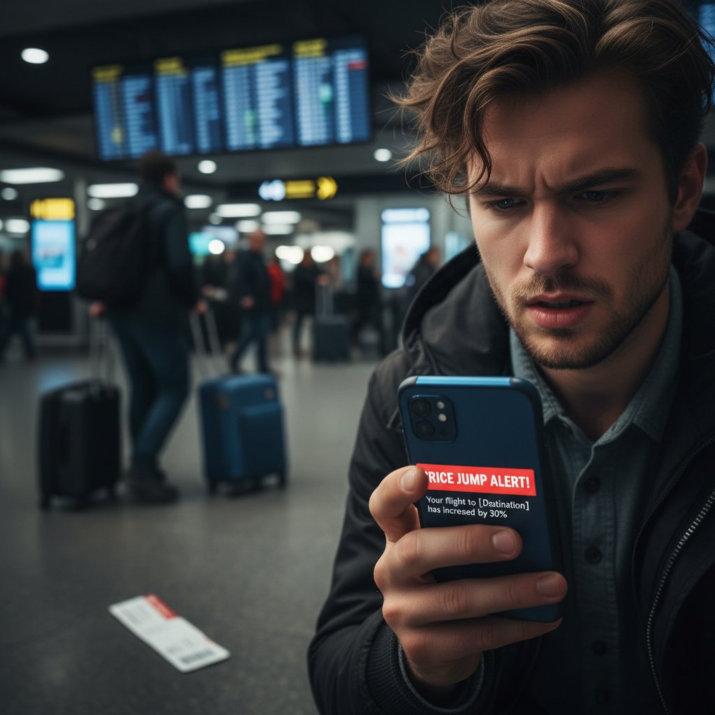 Frustrated traveler watches sudden flight price increase on phone at airport, highlighting airfare volatility and emotional impact of flight alerts