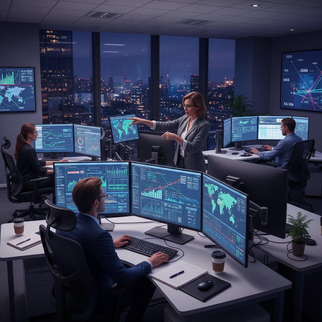 Zespół młodych analityków lotniczych analizuje trendy na ekranie w biurze