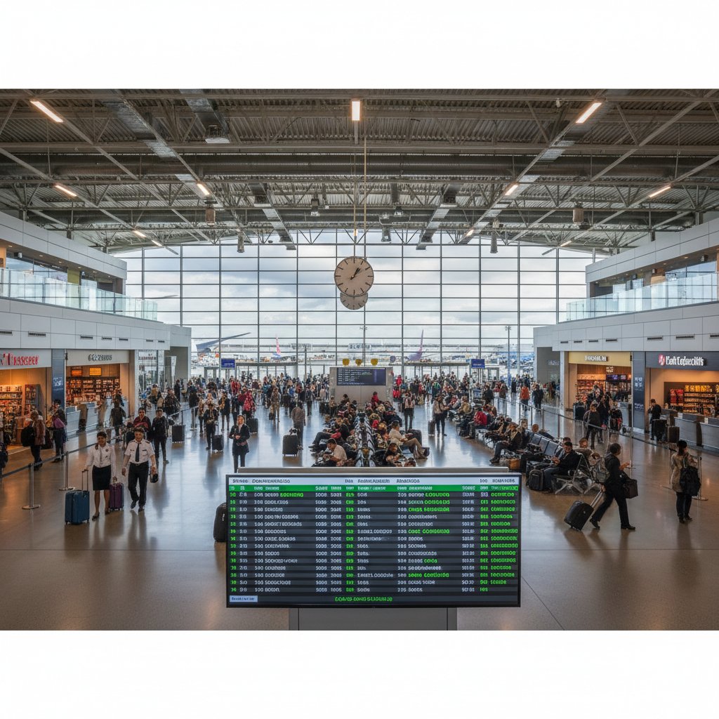 Widok tablicy lotów z oznaczeniami boarding, layover, check-in, dynamiczna atmosfera