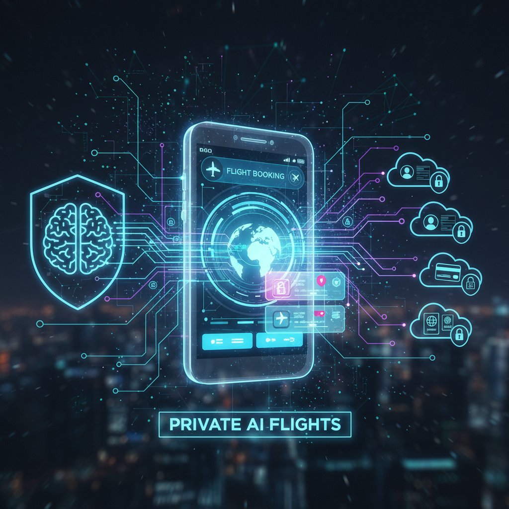 A traveler using a mobile device, AI interface displaying personalized recommendations, data privacy icons