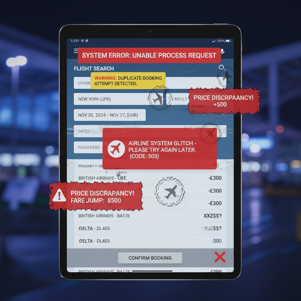 Online flight booking screen highlighting common errors
