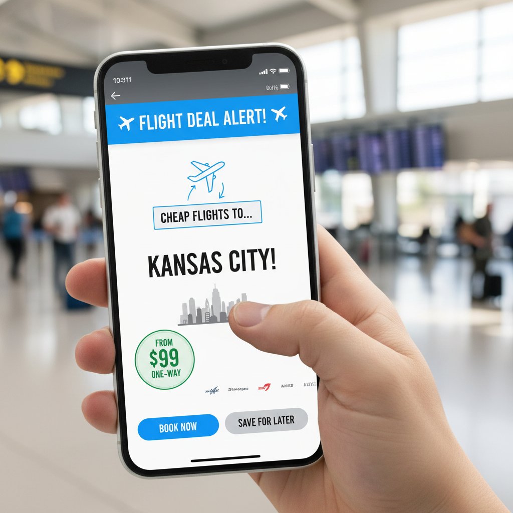 Flight deal alert notification on smartphone showing cheap flights to kansas city