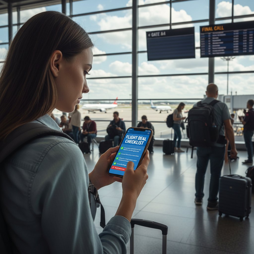 Traveler with checklist on mobile phone, verifying online flight deals at airport gate
