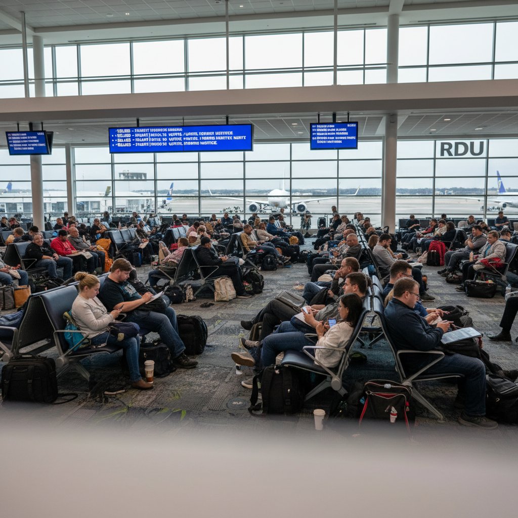 Travelers waiting during a flight delay at Raleigh airport, checking phones and coping with uncertainty.