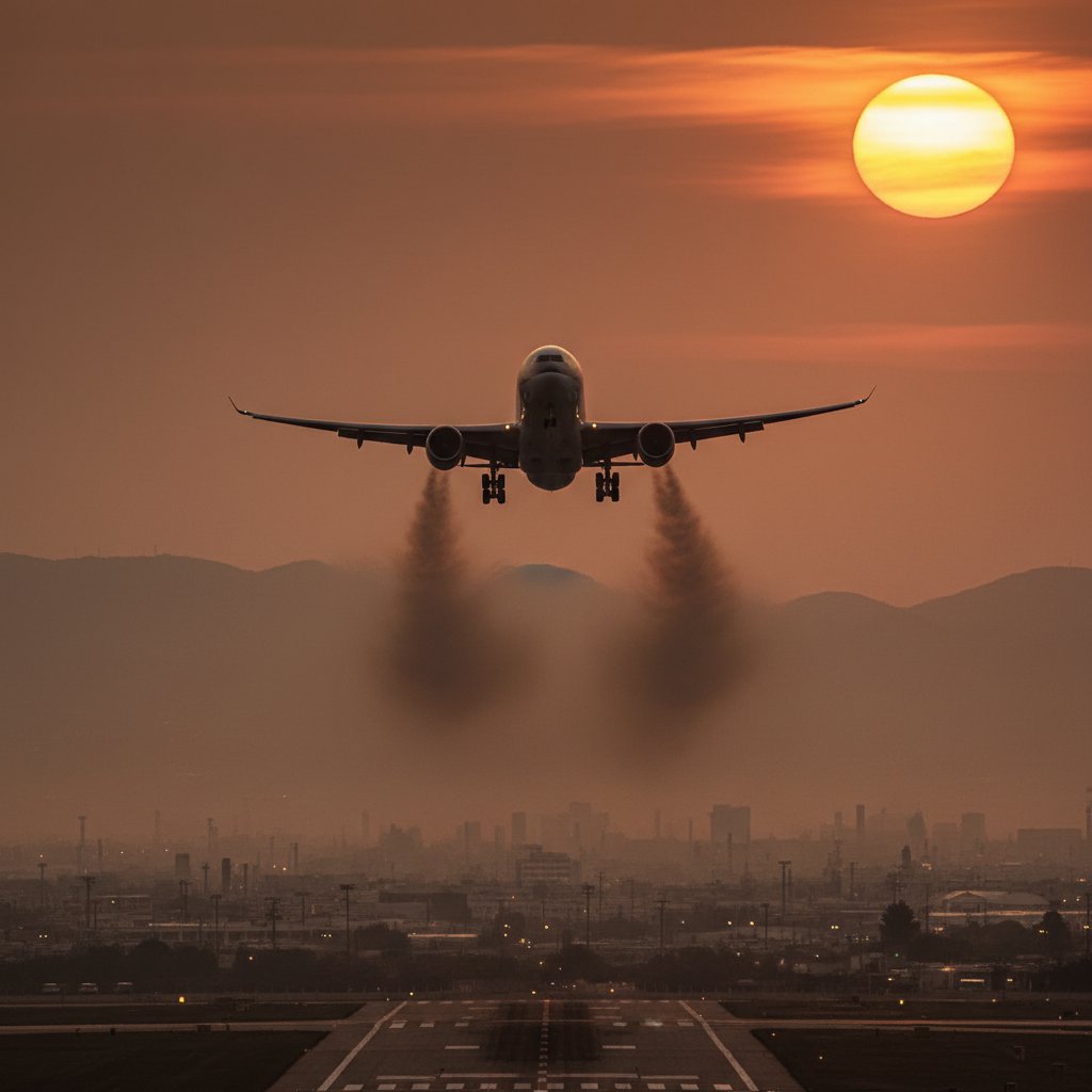 Airplane taking off at sunset, visible smog over city skyline, symbolizing eco-impact