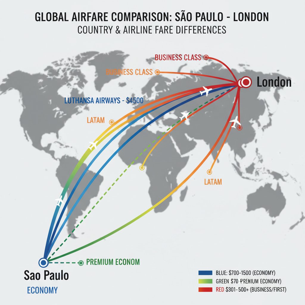 Map visualization of fare differences: São Paulo–London ticket prices shown by country of booking in color-coded bands