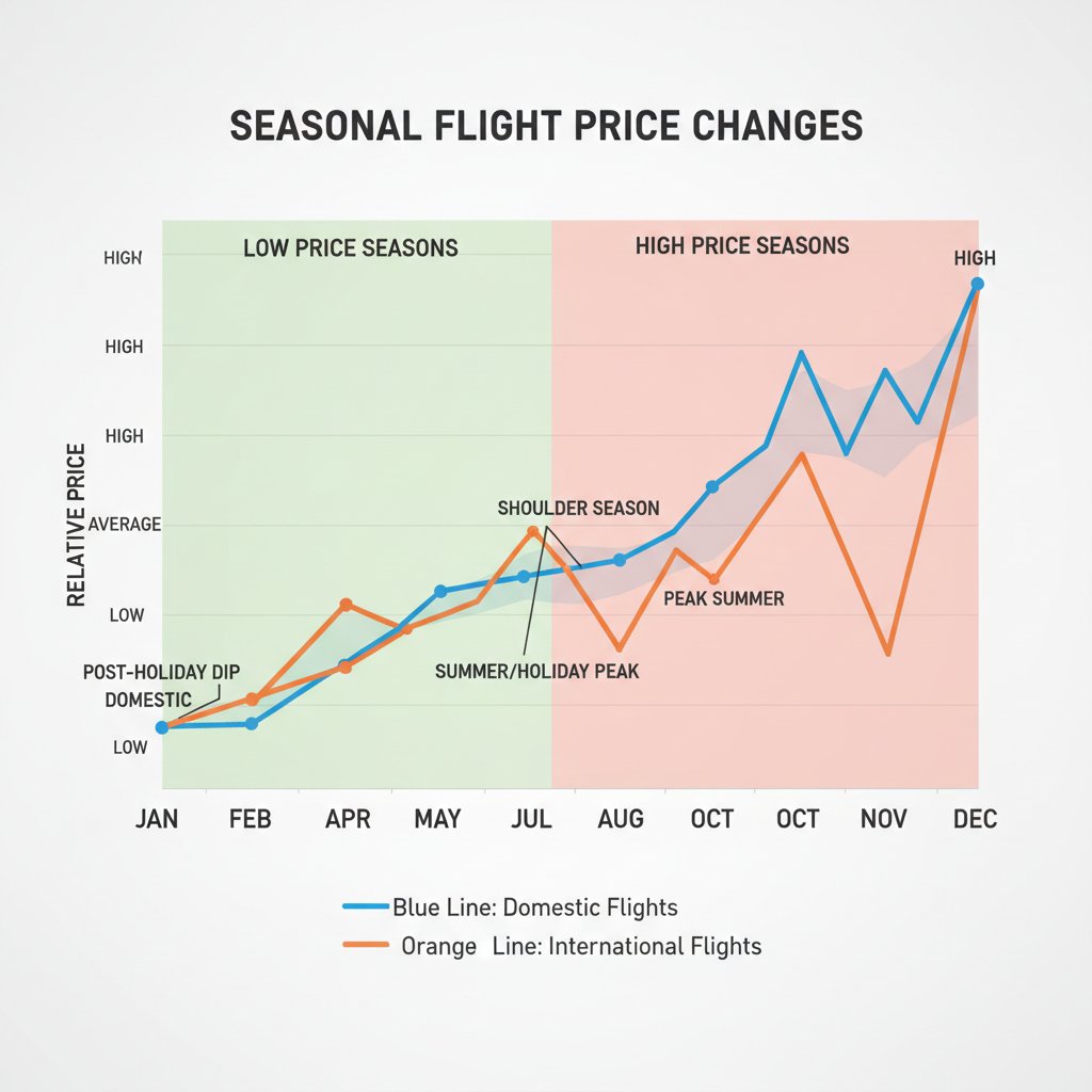 Wykres zmian cen biletów lotniczych na przestrzeni miesięcy, obrazujący kiedy rezerwować najtaniej