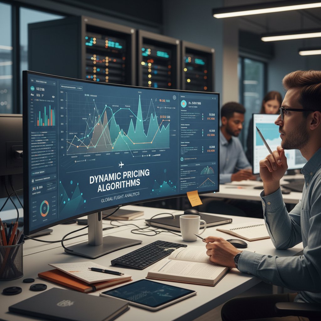 Ekran komputera z dynamicznymi cenami biletów lotniczych, podróżnik analizujący dane