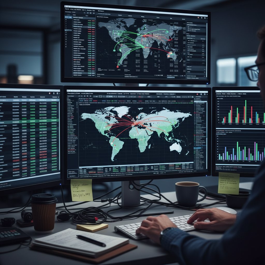 Analyst at computer monitoring live flight price changes and data graphs