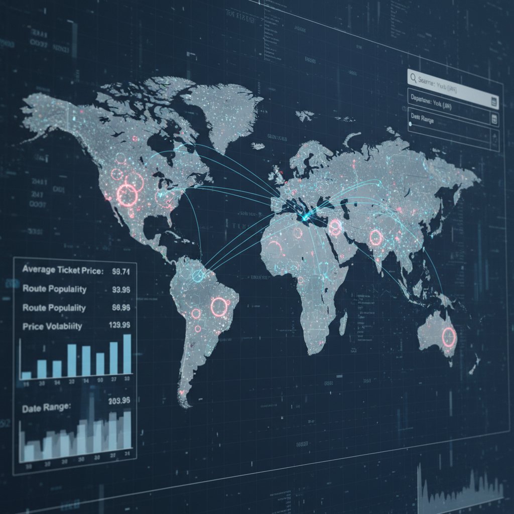 Zbliżenie na ekran z dynamiczną mapą cen lotów i analizą danych
