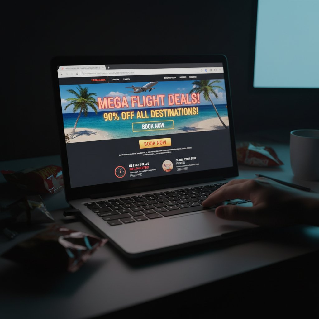 Scam artist creating fake flight promotion website on laptop in dimly lit room