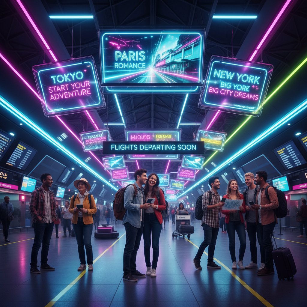 Diverse group of travelers eagerly checking flight promotions board in neon-lit airport, capturing anticipation and FOMO