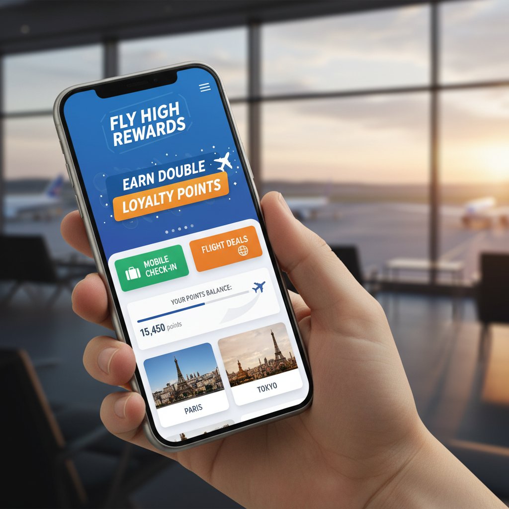 Frequent flyer stacking loyalty points and flight promotions on phone at check-in kiosk
