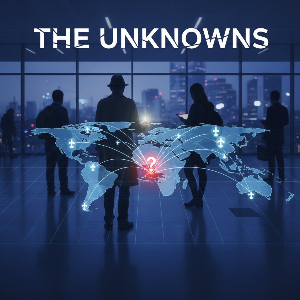 Zbliżenie na cyfrową mapę tras lotniczych, w odbiciu pasażerowie i hala lotniska, klimat tajemnicy