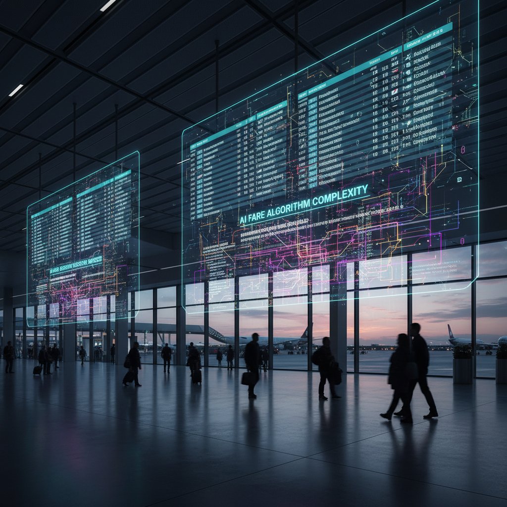 Digital code overlays on airport boards symbolize fare algorithm complexity