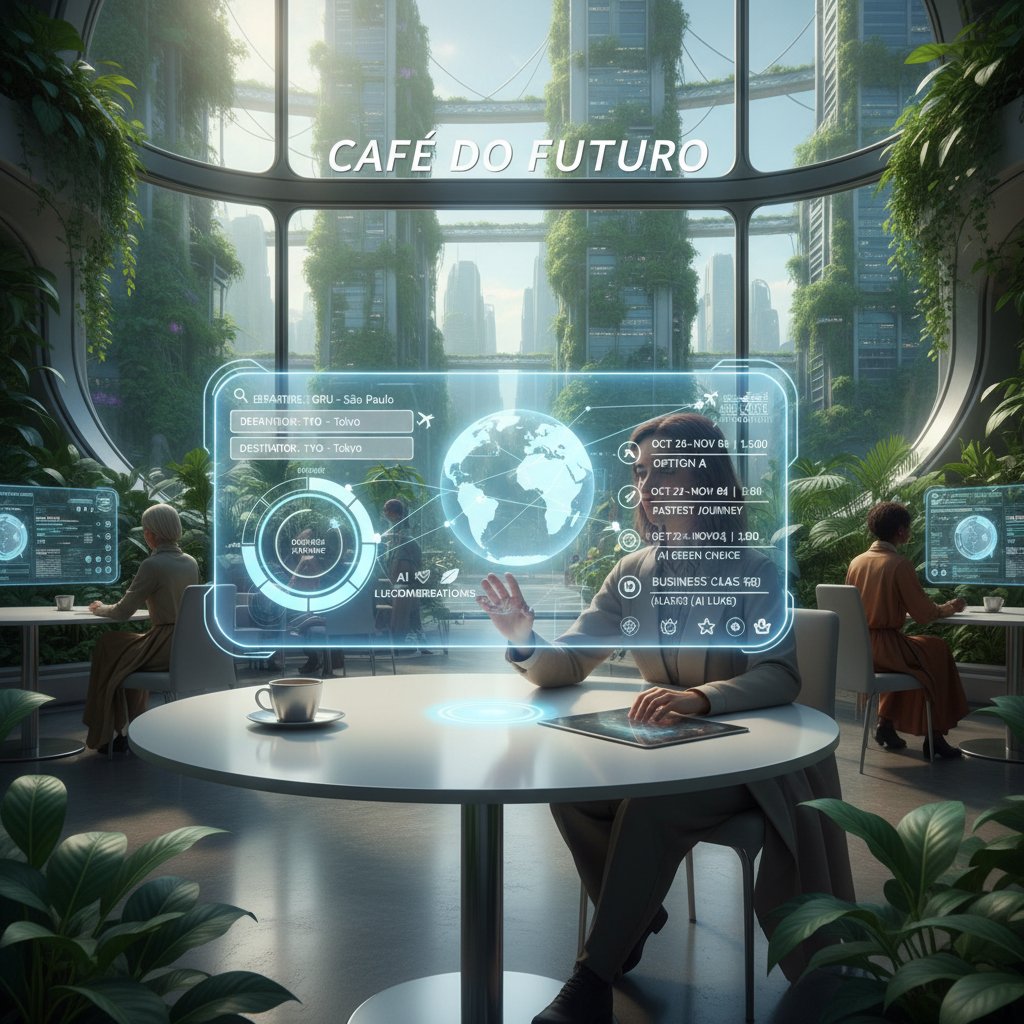 Photo of a young professional using a futuristic AI-powered flight search engine in a São Paulo café, laptop screen glowing with complex route options