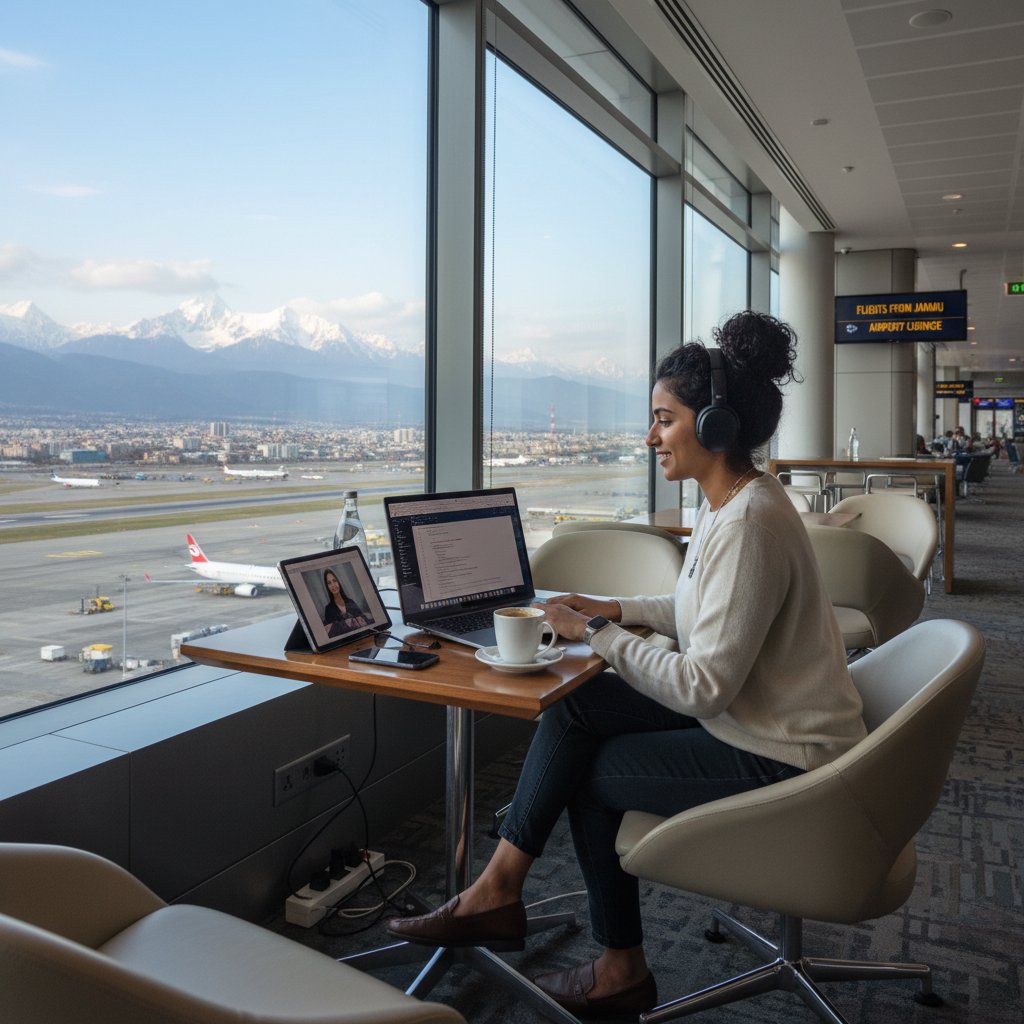 Young professional on laptop in Jammu airport lounge with mountains in background, keyword digital nomads Jammu