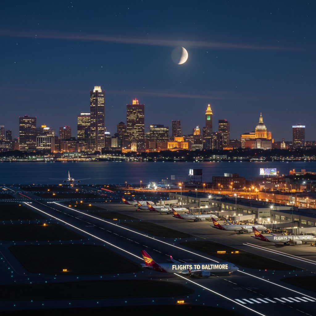 Nighttime photo of traveler clutching phone under glowing Baltimore airport flight boards, city skyline through glass wall, tense anticipation