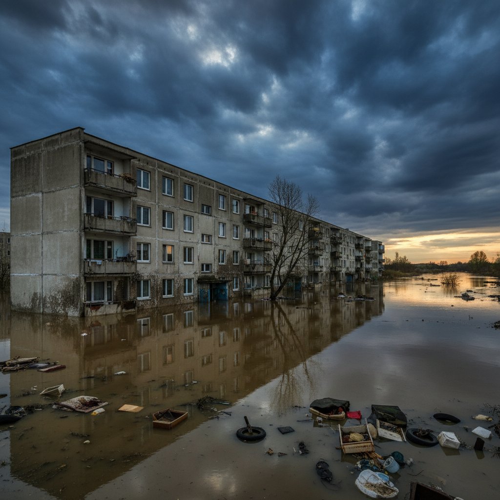 Zalany polski blok mieszkalny po powodzi, widoczne ślady wody na murach, dramatyczne niebo