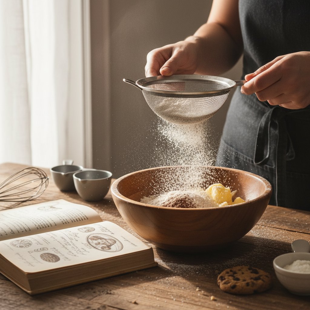 Zbliżenie na miskę z ręcznie przesiewaną mąką i kakao – kluczowy moment dla jakości ciasta