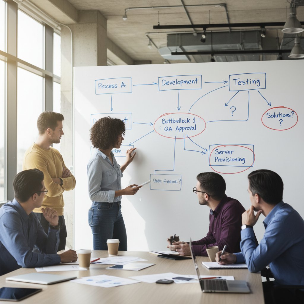 Tablica suchościeralna z flowchartem procesu rekrutacji, zespół dyskutuje nad wąskimi gardłami