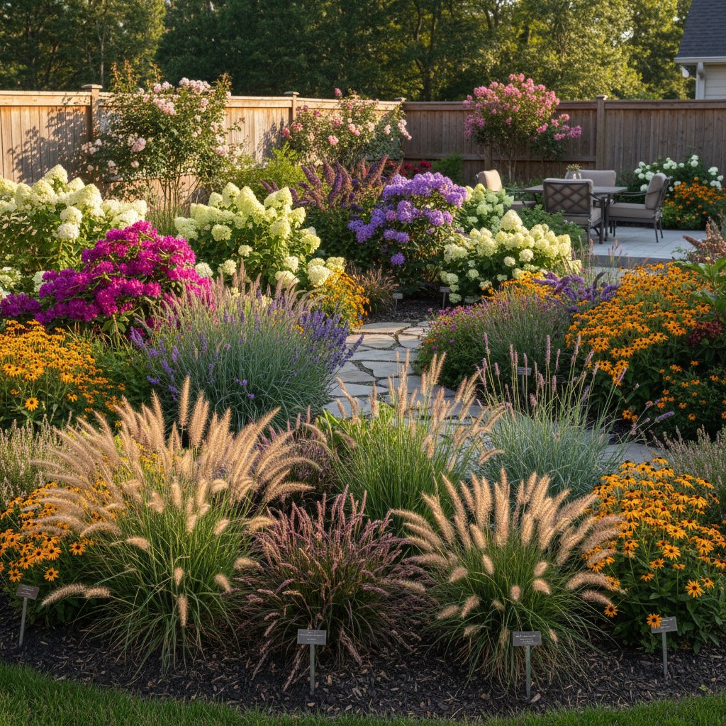 Estetyczna rabata z bylinami, trawami ozdobnymi i liściastymi krzewami w ogrodzie przydomowym
