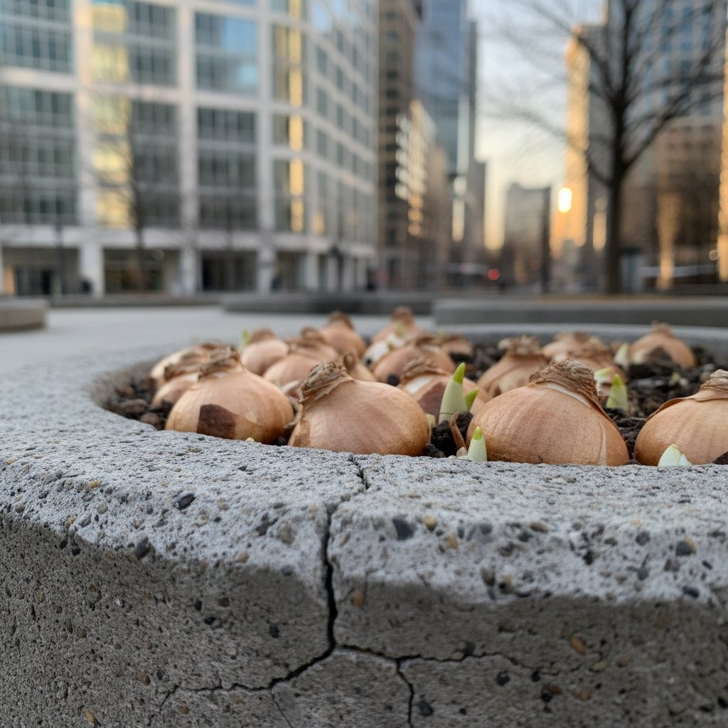 Kwiaty cebulowe w miejskim parku, kontrastujące z betonową architekturą