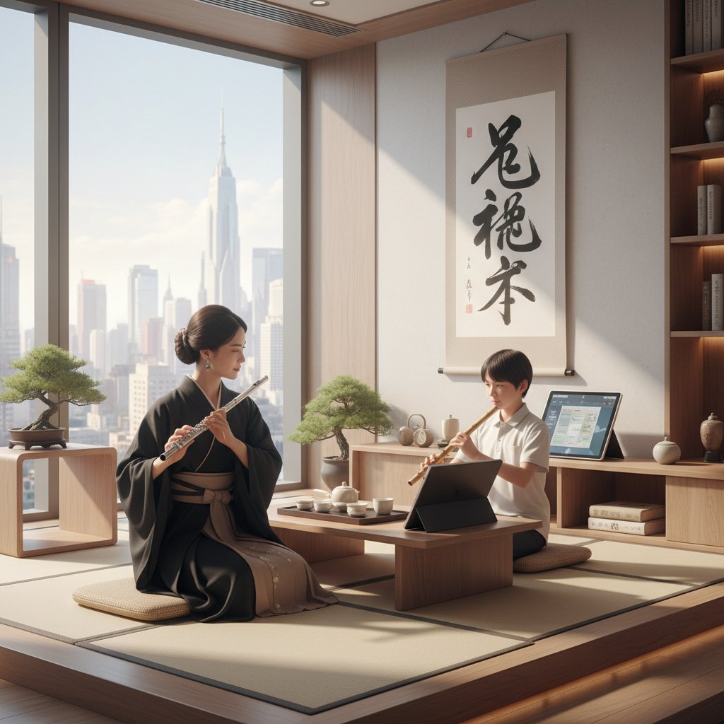 Nauczycielka i uczeń fletu spotykający się na żywo po lekcjach online, łączenie tradycji z nowoczesnością