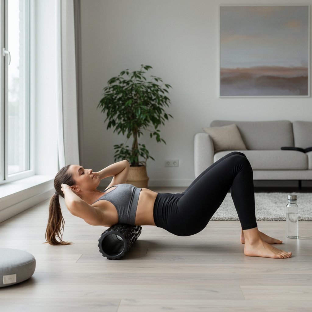 Zdjęcie osoby używającej wałka do masażu w domowym otoczeniu