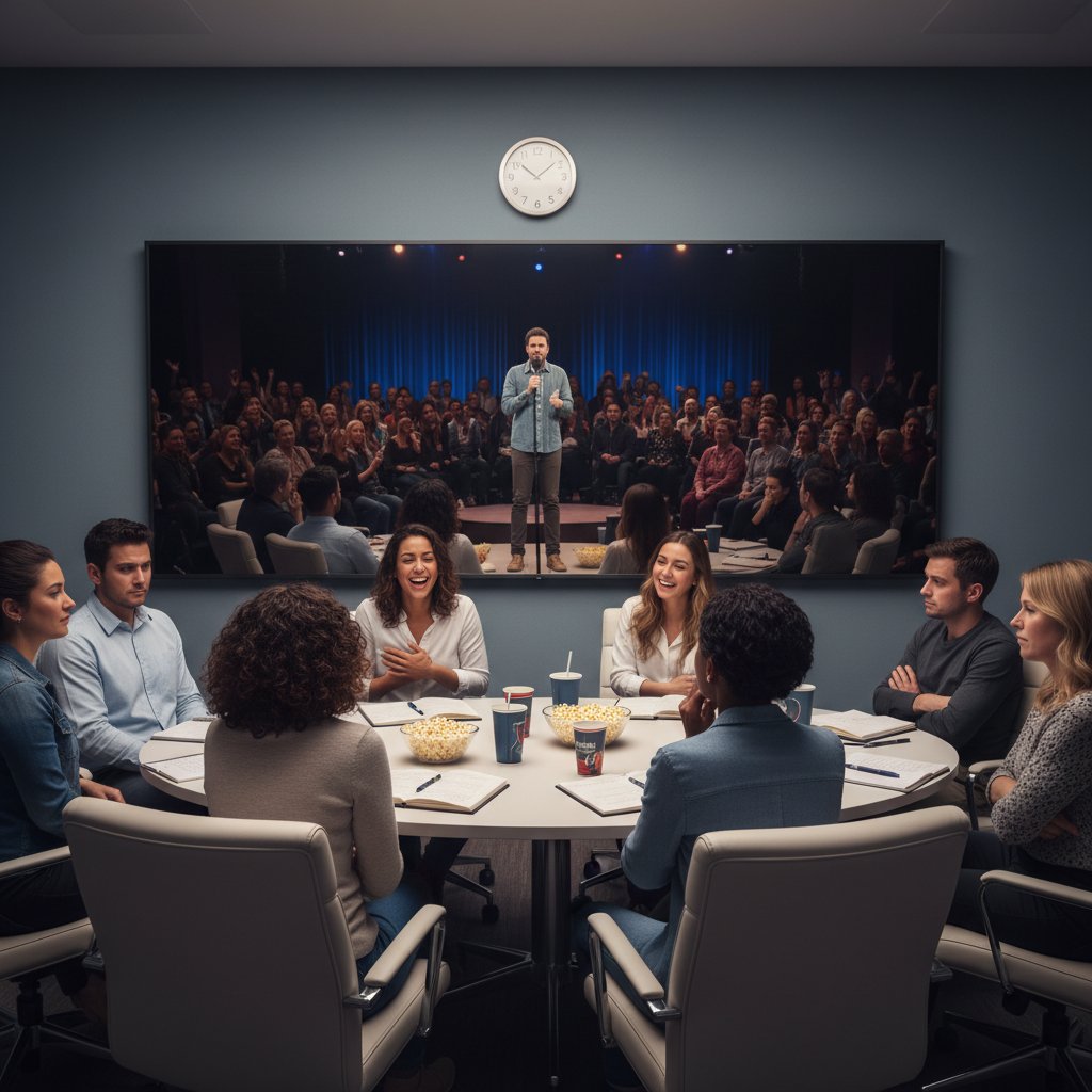 A focus group’s mixed reactions to a new comedy screening. Comedy movie focus group, audience feedback, mirrored screen