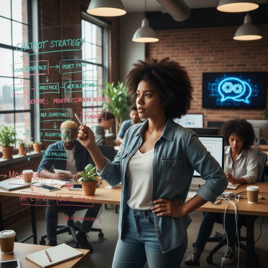 Focused AI expert brainstorming chatbot strategy on glass wall in energetic startup workspace